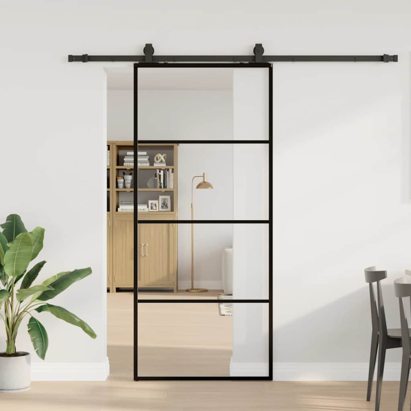 Schiebetür mit Beschlag Schwarz 90x205 cm ESG-Glas