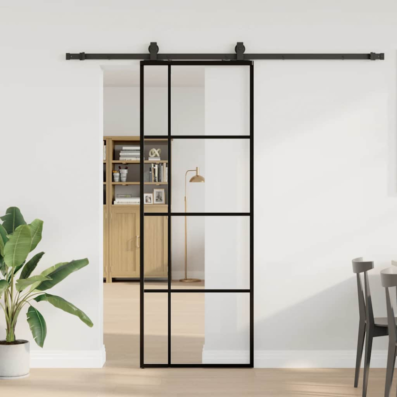 Schiebetür mit Beschlag Schwarz 76x205 cm ESG-Glas
