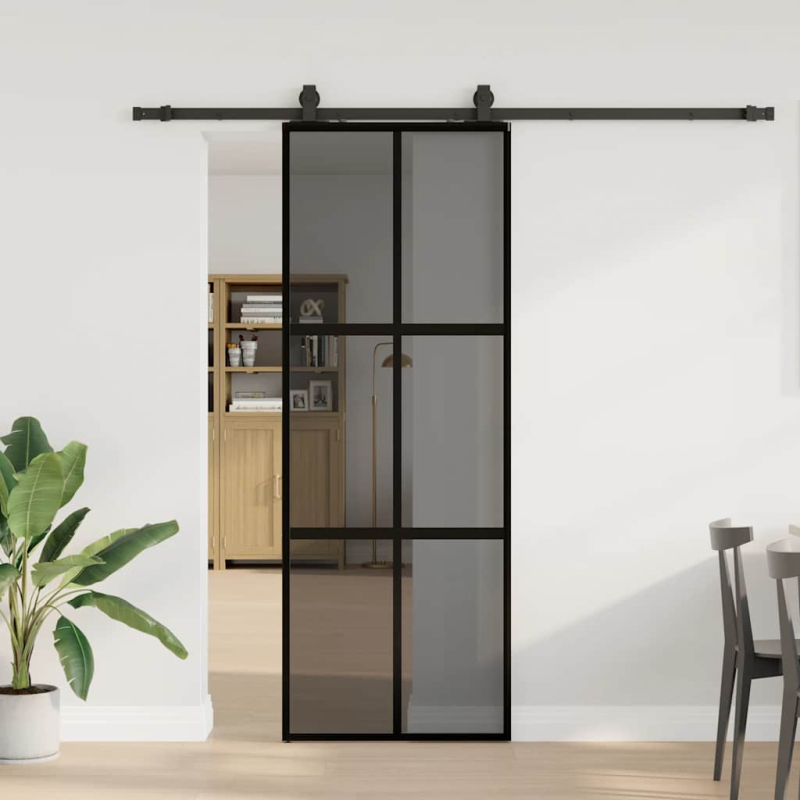 Schiebetür mit Beschlag Schwarz 76x205 cm Hartglas