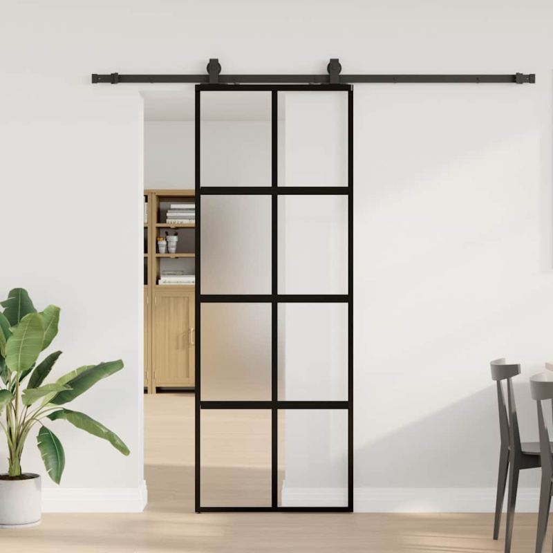 Schiebetür mit Beschlag Schwarz 76x205 cm Hartglas