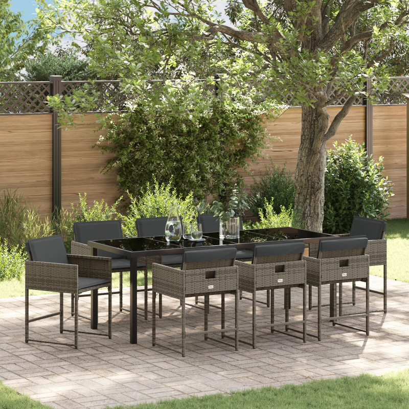 9-teiliges Garten Essset mit Kissen Grau Poly-Rattan