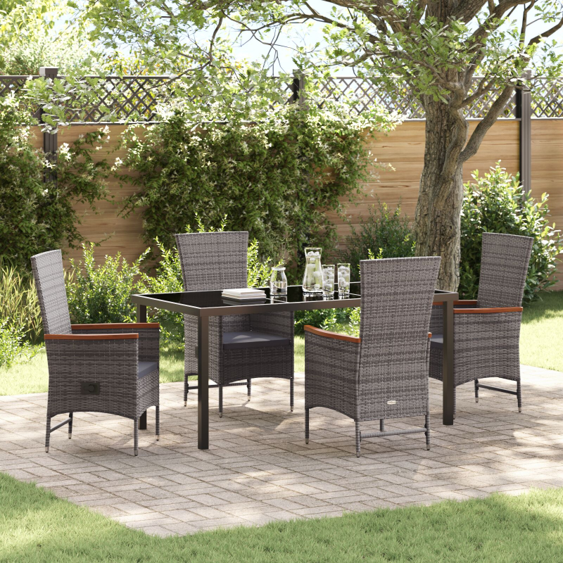 5-teiliges Garten-Dining-Set mit Kissen Grau Poly-Rattan