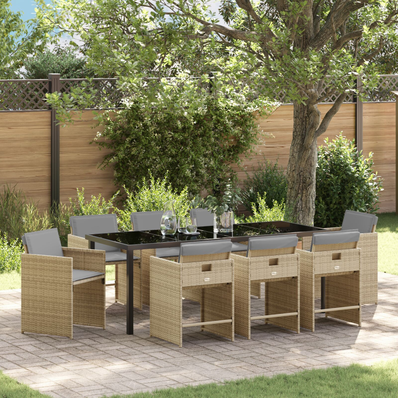 9-teiliges Gartenmöbelset mit Kissen Beige Poly Rattan