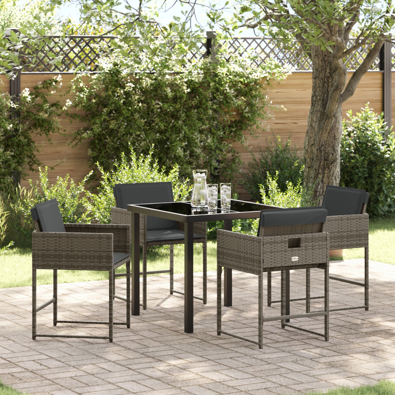 5-teiliges Garten Essset mit Kissen aus grauem Poly-Rattan