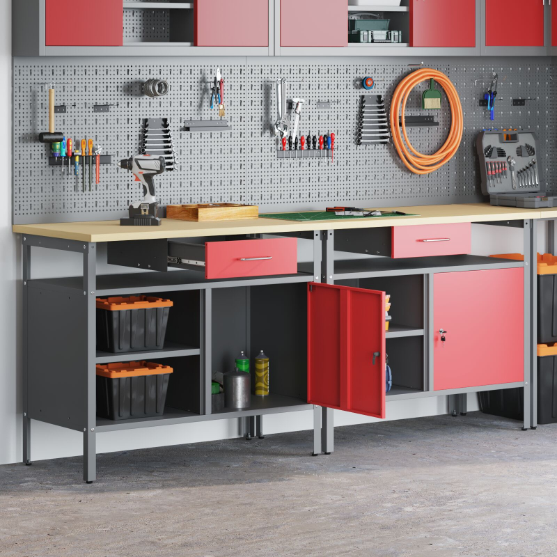 2-teiliges Werkbank-Set in Rot aus Stahl