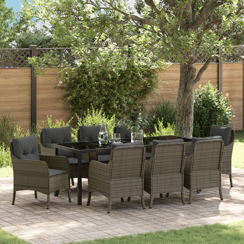 9-teiliges Garten-Esszimmer-Set mit Kissen Grau Poly Rattan