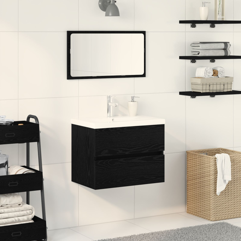 Waschbeckenunterschrank mit integriertem Becken Schwarze Eiche Holzwerkstoff, Waschbeckenunterschrank Schwarze Eiche 60x38,5x45 cm Holzwerkstoff