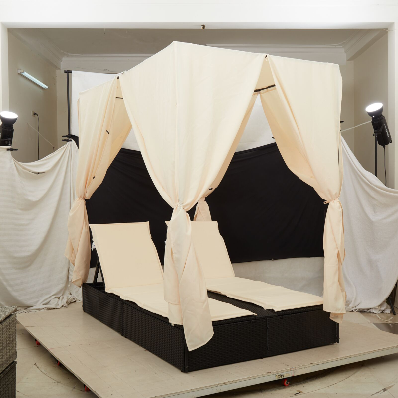 Outdoor-Betten Schwarz und cremeweiß Rattan und Stoff
