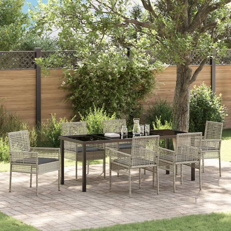 7-teiliges Garten Esstisch Set mit Kissen Hellgrau Poly Rattan