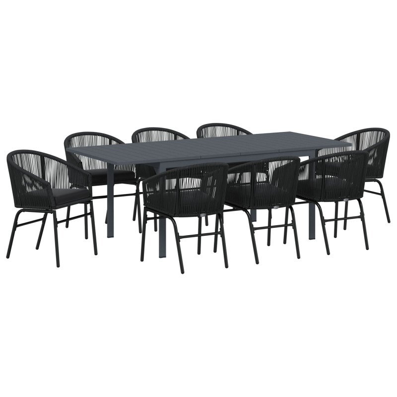 10-teiliges Garten-Essset mit Kissen aus schwarzem Poly-Rattan, Ausziehbarer Gartentisch Anthrazit (140-210)x90x73 cm aus Stahl