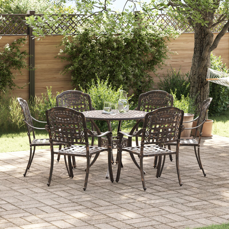 7-teiliges Garten-Esszimmer-Set aus Bronze und Gusseisen