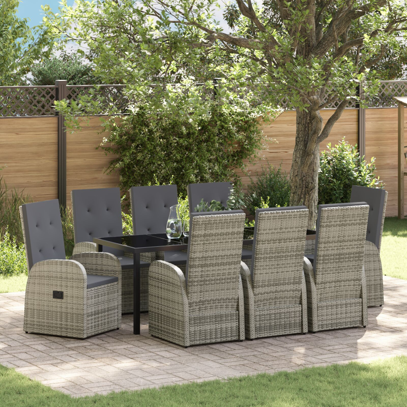 9-teiliges Garten-Dining-Set mit Kissen Grau Poly-Rattan