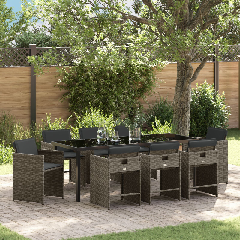 9-teiliges Garten-Ess-Set mit Kissen Grau Poly-Rattan