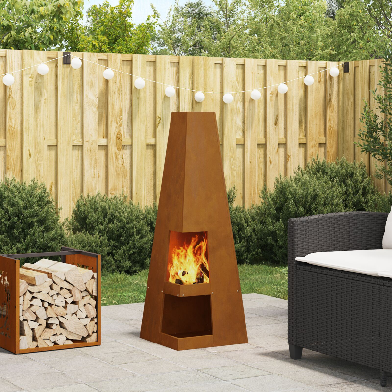 Feuerstelle mit Holzlager 35x35x100 cm Wetterstahl