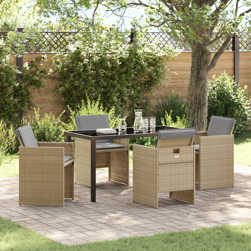 5-teiliges Garten-Esszimmer-Set mit Kissen Beige Poly Rattan