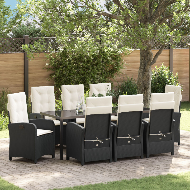 9-teiliges Garten-Dining-Set mit Kissen aus schwarzem Poly-Rattan