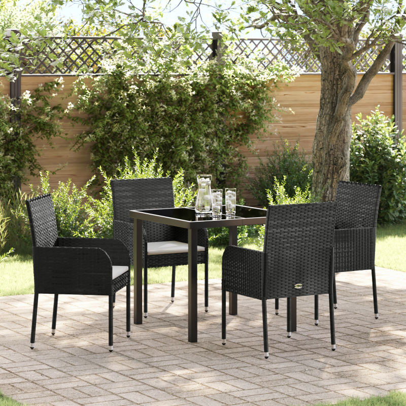 5-teiliges Garten-Essbereich mit Kissen Schwarz Poly-Rattan
