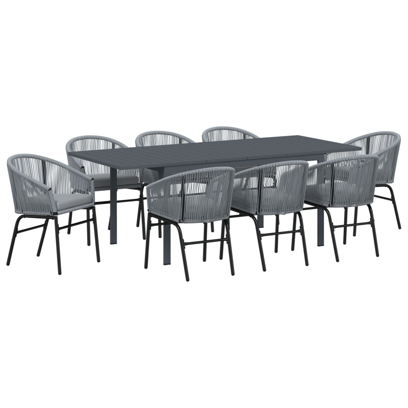 10-teiliges Garten-Esstisch-Set mit Kissen, graues Poly-Rattan, Ausziehbarer Gartentisch Anthrazit (140-210)x90x73 cm Stahl