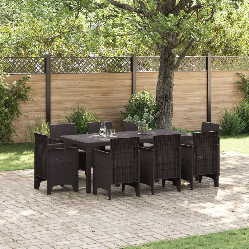 9-teiliges Garten Essgruppe mit Auflagen Braun Poly Rattan