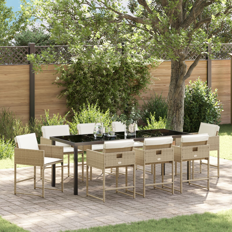 9-teiliges Garten-Essset mit Kissen Beige Poly Rattan