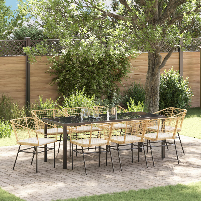 9-teiliges Garten-Dining-Set mit Kissen - Braun - Poly-Rattan