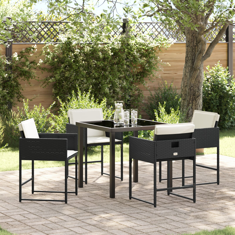 5-teilige Garten-Essgruppe mit Kissen aus schwarzem Poly-Rattan