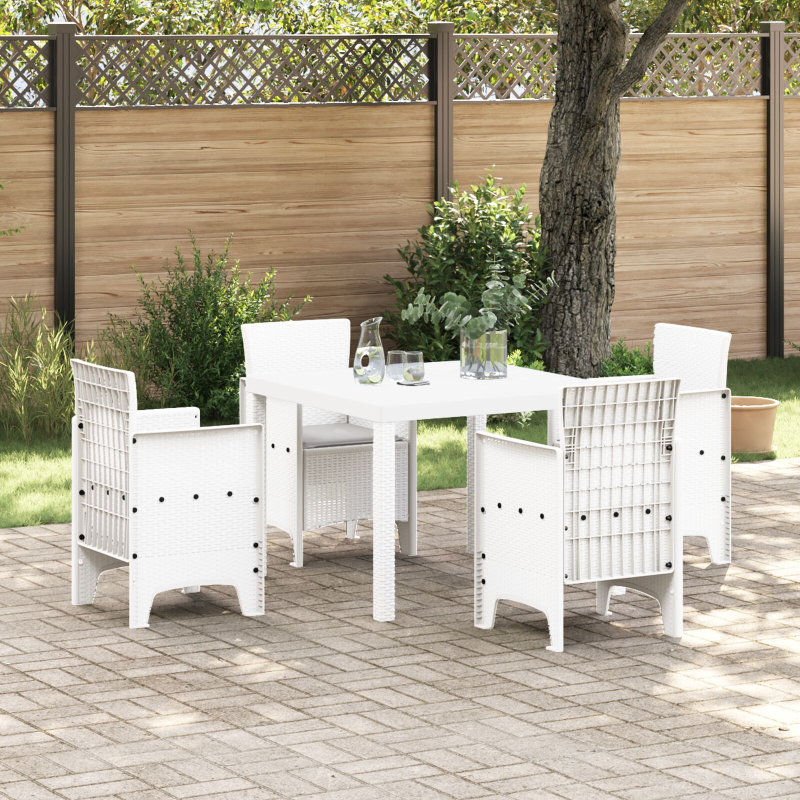 5-teiliges Garten Essset mit Kissen Weiß Poly-Rattan