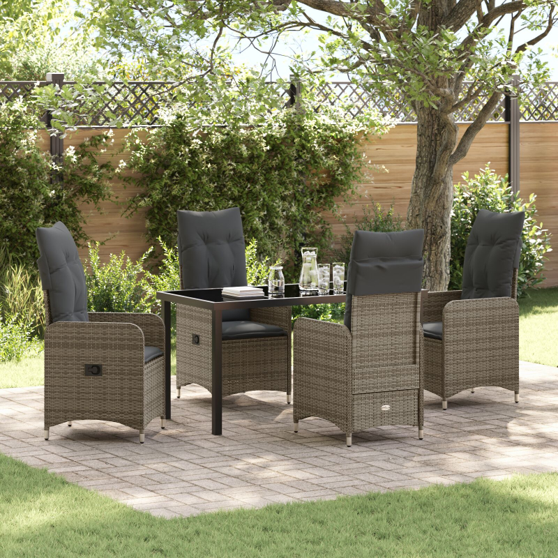 5-teiliges Garten-Ess-Set mit Kissen in Grau aus Poly-Rattan