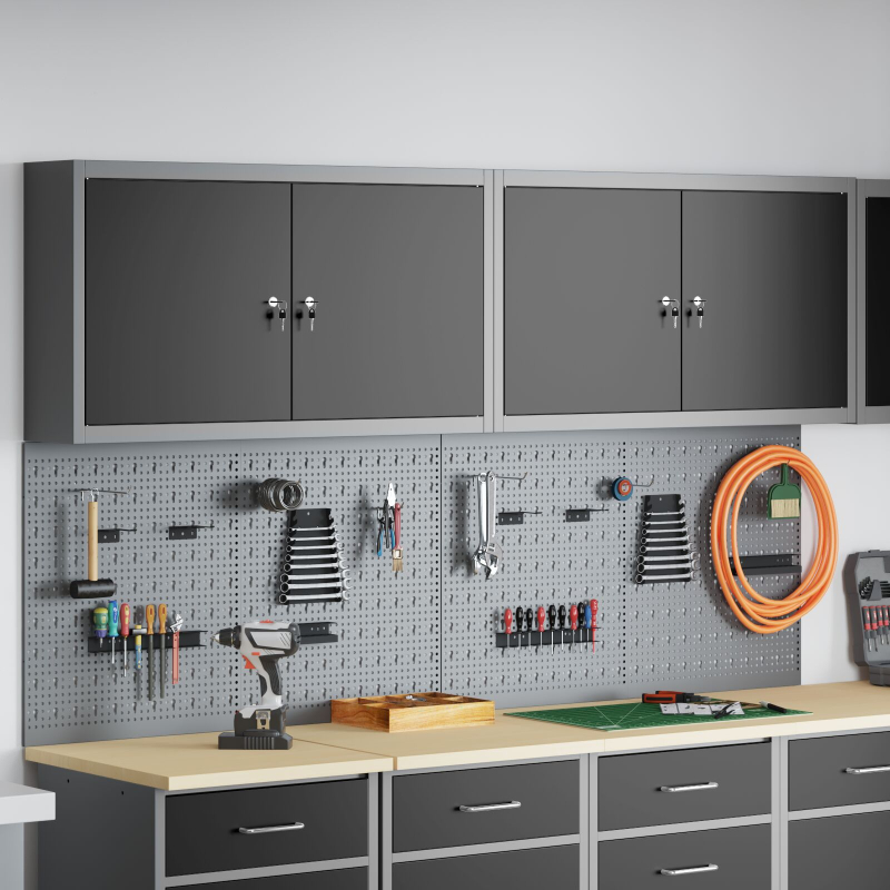 6-teiliges Werkzeugschrank- und Lochplatten-Set wandmontierbar, schwarzes Metall