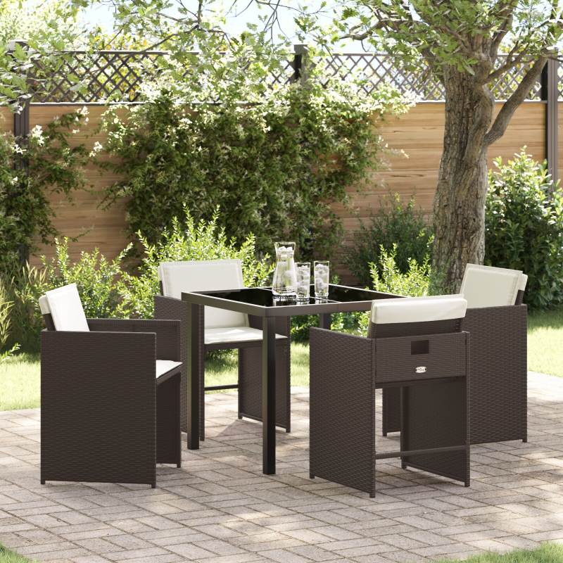 5-teiliges Garten-Esszimmermöbel-Set mit Kissen in Braun aus Poly-Rattan