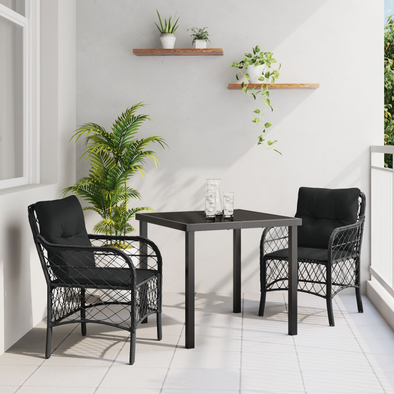3-teiliges Garten-Ess-Set mit Kissen Schwarz Poly-Rattan