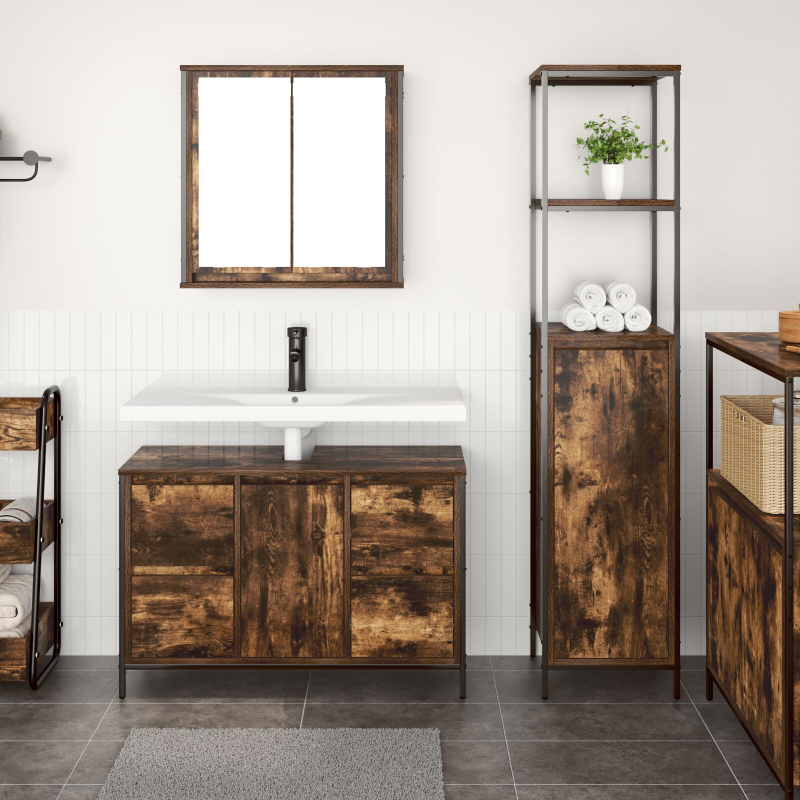 2-teiliges Badezimmermöbel-Set aus geräucherter Eiche und Holzwerkstoff