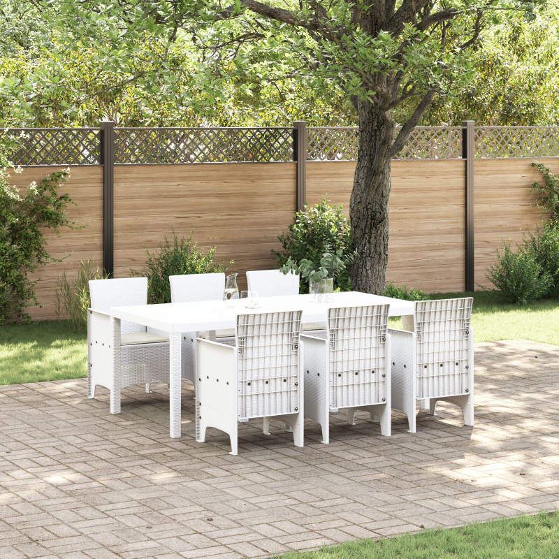 7-teiliges Garten-Essset mit Kissen Weiß Poly-Rattan