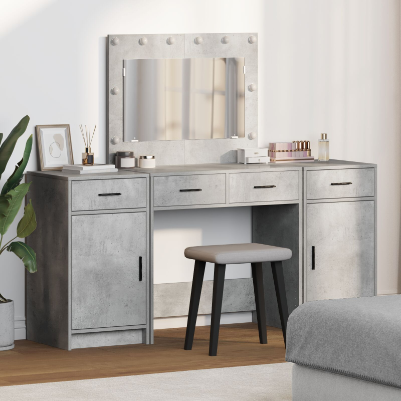 3-teiliges Schminktisch-Set mit LED in Beton Grau aus Holzwerkstoff