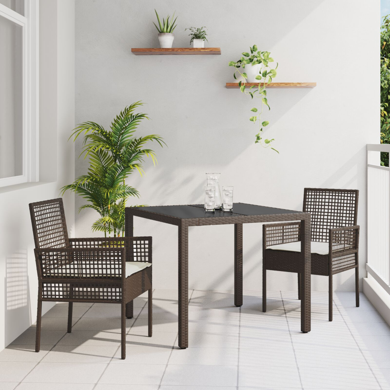 3-teiliges Garten-Esszimmer-Set mit Kissen Braun Poly Rattan