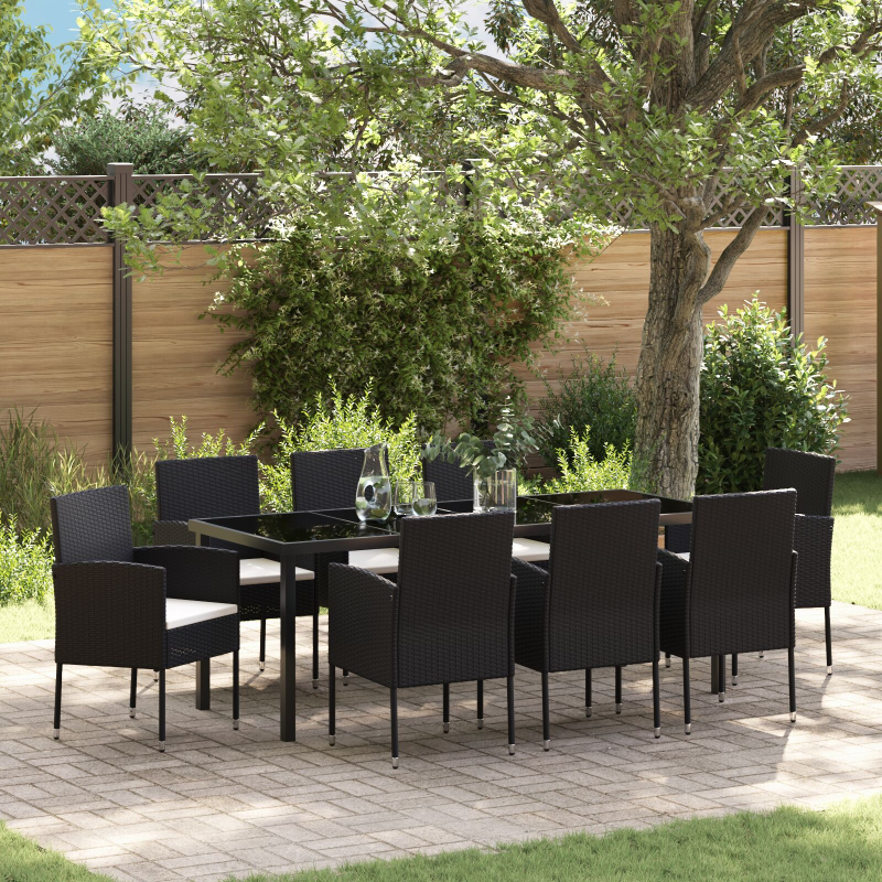 9-teiliges Garten-Essset mit Kissen Schwarz Poly-Rattan