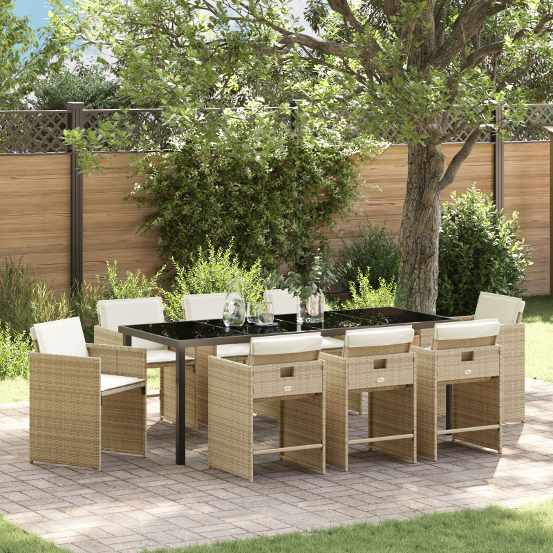 9-teiliges Garten-Essset mit Kissen Beige Poly Rattan