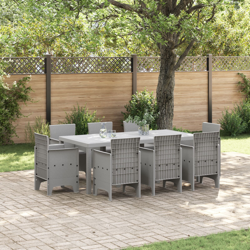 9-teiliges Garten-Essgroup mit Kissen in hellgrau aus Poly-Rattan