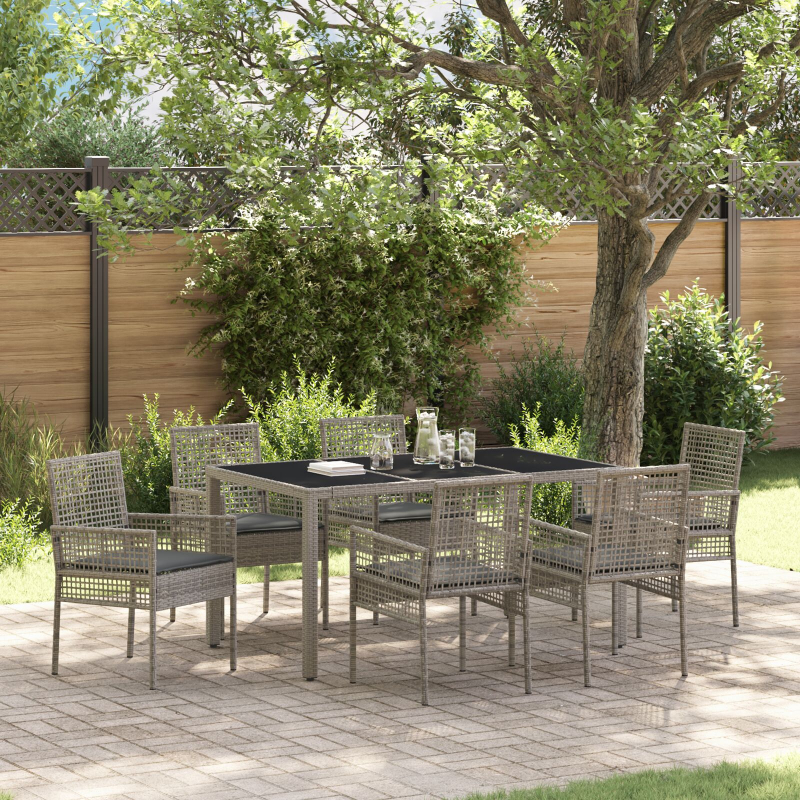 7-teilige Garten-Essgruppe mit Kissen Grau Poly Rattan