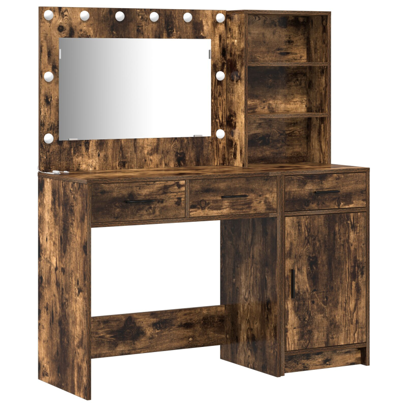 2-teiliges Schminktisch-Set mit LED in Raucheiche und Holzwerkstoff
