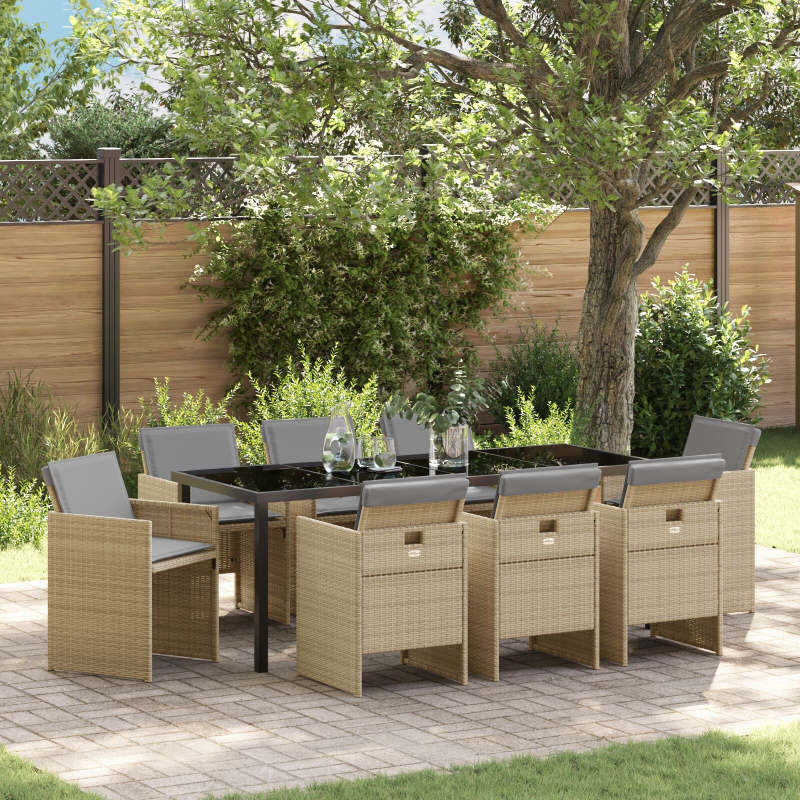 9-teilige Garten Essgruppe mit Kissen Beiges Poly-Rattan