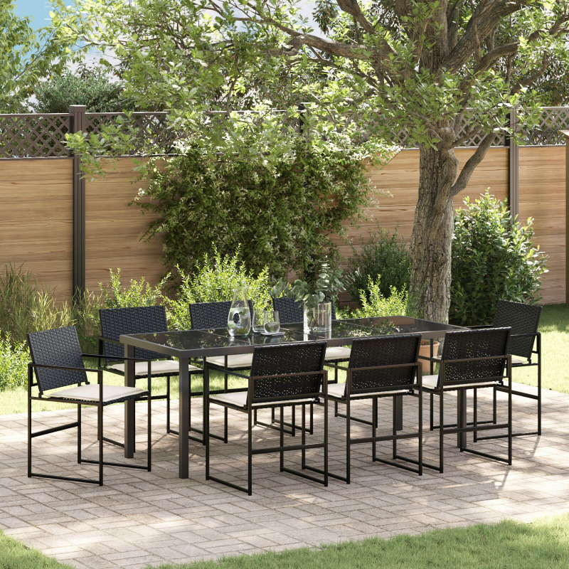 9-teiliges Garten-Esszimmer-Set mit Kissen Schwarz Poly Rattan