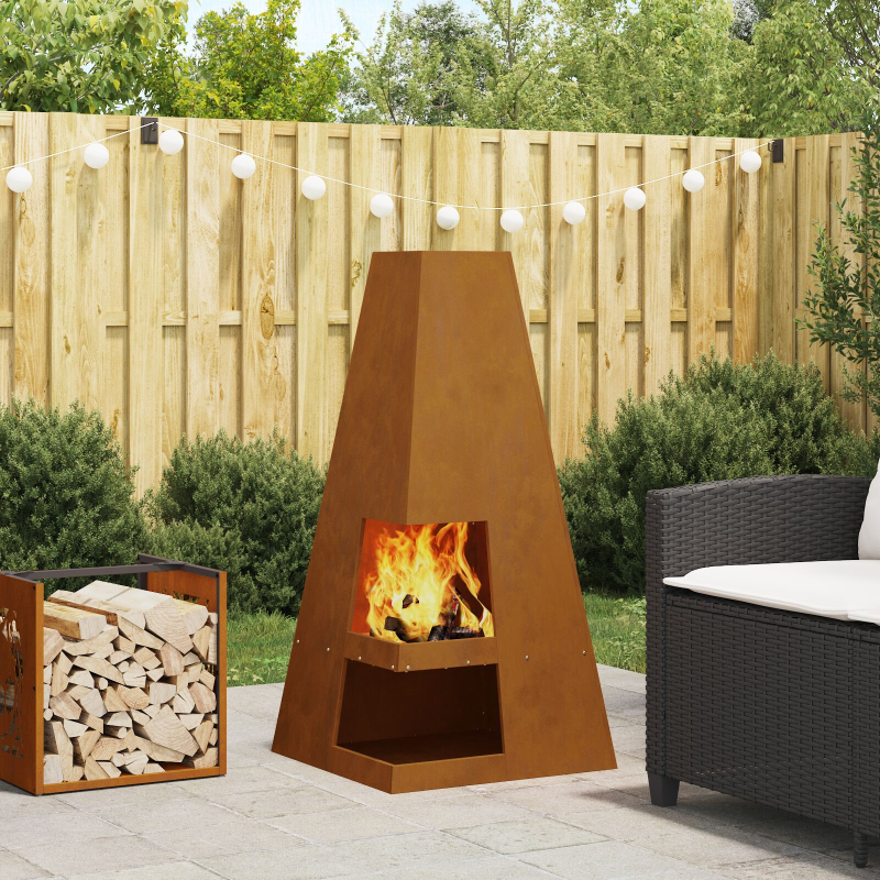 Feuerstelle mit Holzlager 50x50x100 cm Wetterstahl