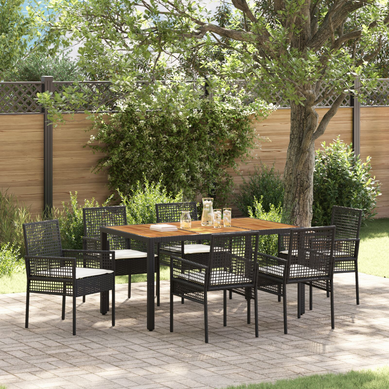 7-teilige Essgruppe für den Garten mit Kissen in Schwarz aus Poly-Rattan