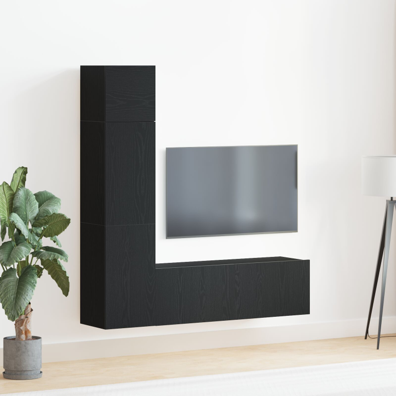 3-teiliges Wand-Montage TV-Schrank Set Schwarz Eichenholz Spanplatte
