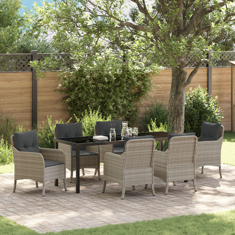 7-teiliges Garten-Ess-Set mit Kissen Hellgrau Poly-Rattan