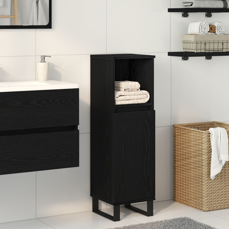 Badezimmer Schrank Schwarz Eiche 30x30x100 cm Holzwerkstoff