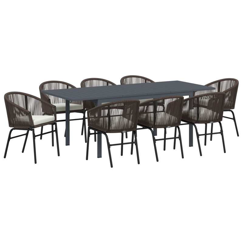 10-teiliges Garten Essset mit Kissen Braunes Poly-Rattan, Ausziehbarer Gartentisch Anthrazit (140-210)x90x73 cm Stahl