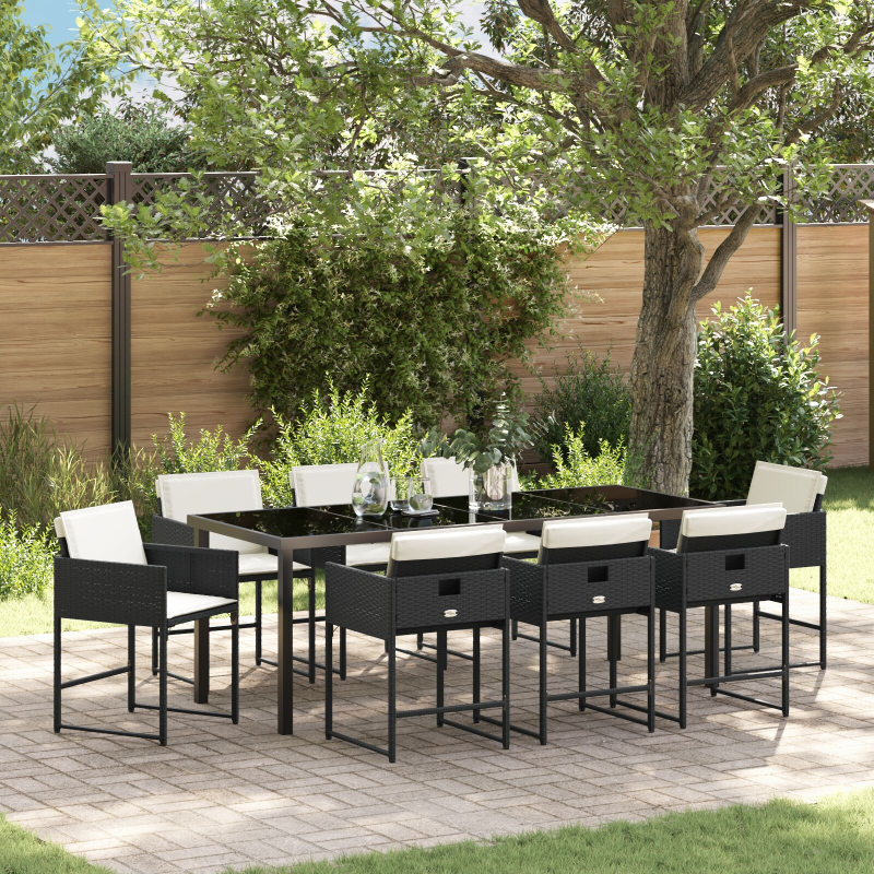 9-teiliges Garten-Essset mit Kissen - Schwarzes Poly-Rattan