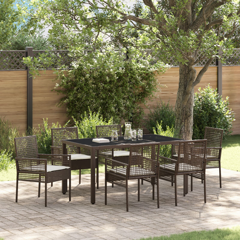 7-teiliges Garten-Dining-Set mit Kissen in Braunem Poly-Rattan